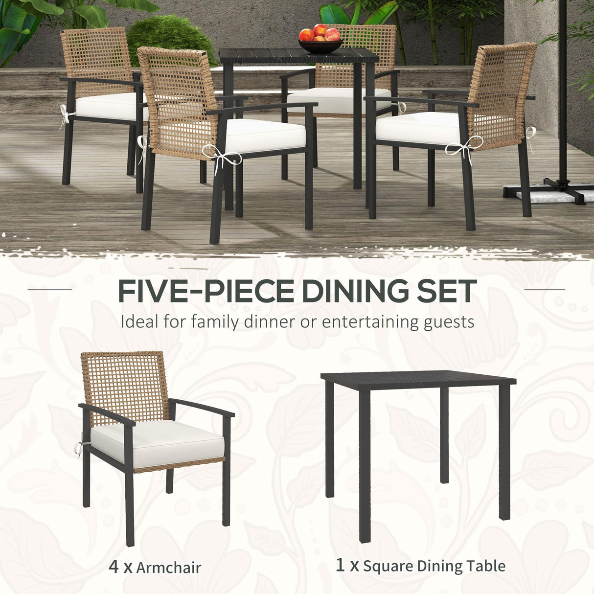 Outsunny 5 Pieces Outdoor Dining Set for 4, Wicker Rattan Patio Furniture Set, Patio Table and Chairs Set with Cushions, Square Metal Table Top, Conversation Set for Garden, Backyard, Deck, Beige Outsunny