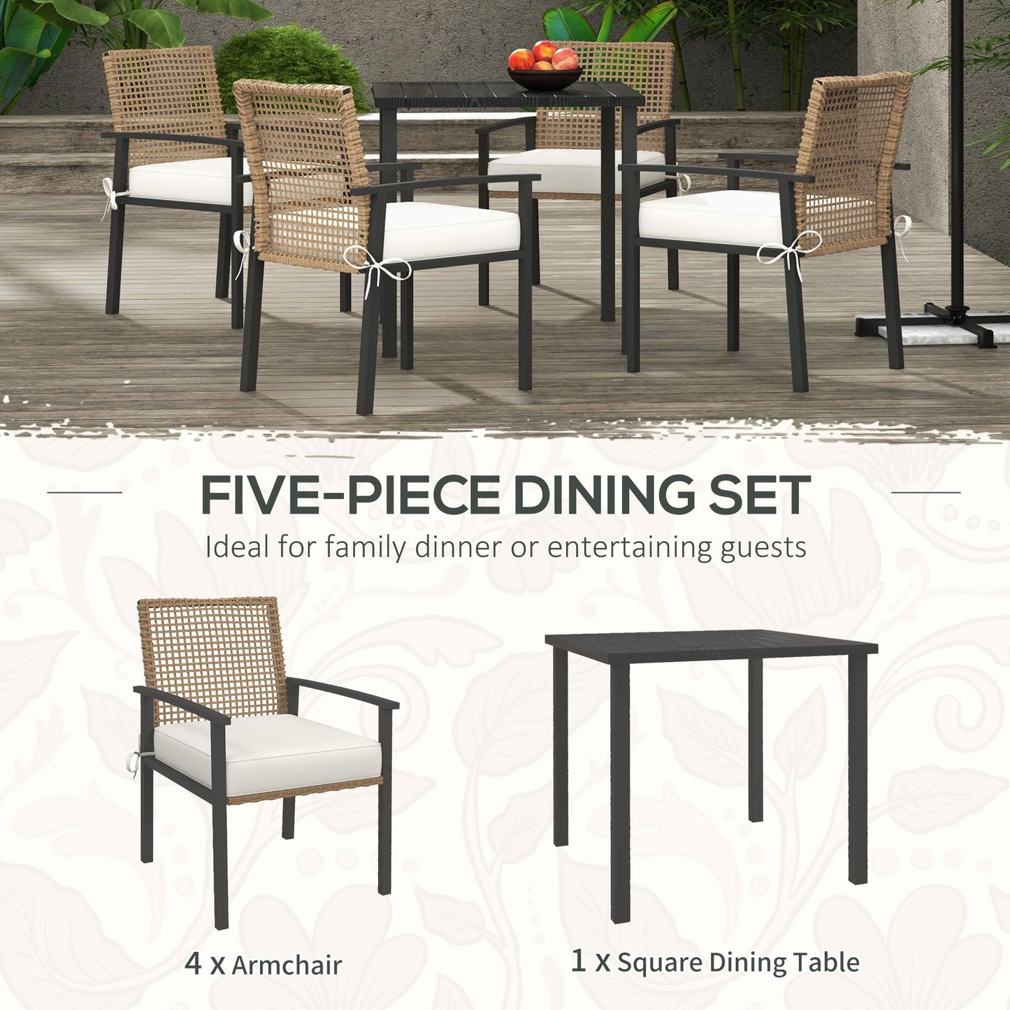 Outsunny 5 Pieces Outdoor Dining Set for 4, Wicker Rattan Patio Furniture Set, Patio Table and Chairs Set with Cushions, Square Metal Table Top, Conversation Set for Garden, Backyard, Deck, B - WoodArtSupply