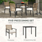 Outsunny 5 Pieces Outdoor Dining Set for 4, Wicker Rattan Patio Furniture Set, Patio Table and Chairs Set with Cushions, Square Metal Table Top, Conversation Set for Garden, Backyard, Deck, Beige Outsunny
