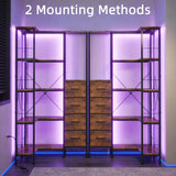 AFLUI Corner Bookshelf with LED Light Strips & 4 Fabric Drawers, 5-Tier Convertible Corner Shelf with Display Shelf, Large Wood Industrial Bookcase for Living Room, Bedroom, Home Office, Rustic Brown AFLUI