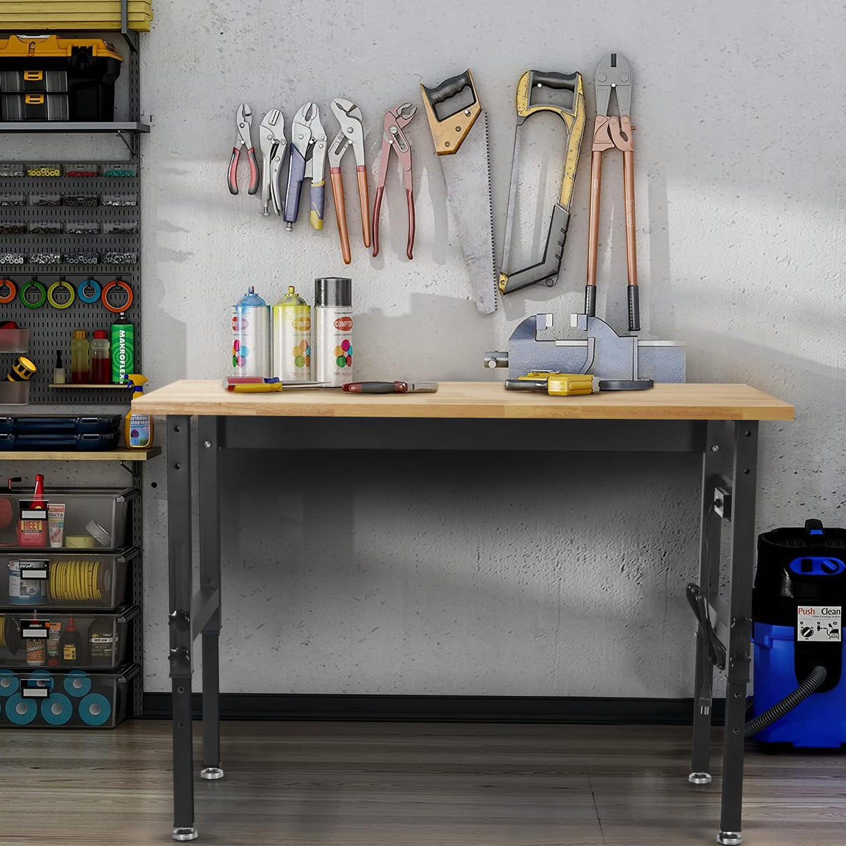 48" Adjustable Work Bench Garage Workbench with Power Outlets, 2200 Lbs Capacity Hardwood Top Work Bench Table Heavy-Duty Workbench for Garage, Workshop, Office, Home BMJX US