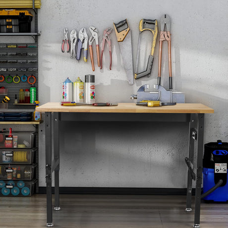 48" Adjustable Work Bench Garage Workbench with Power Outlets, 2200 Lbs Capacity Hardwood Top Work Bench Table Heavy-Duty Workbench for Garage, Workshop, Office, Home BMJX US