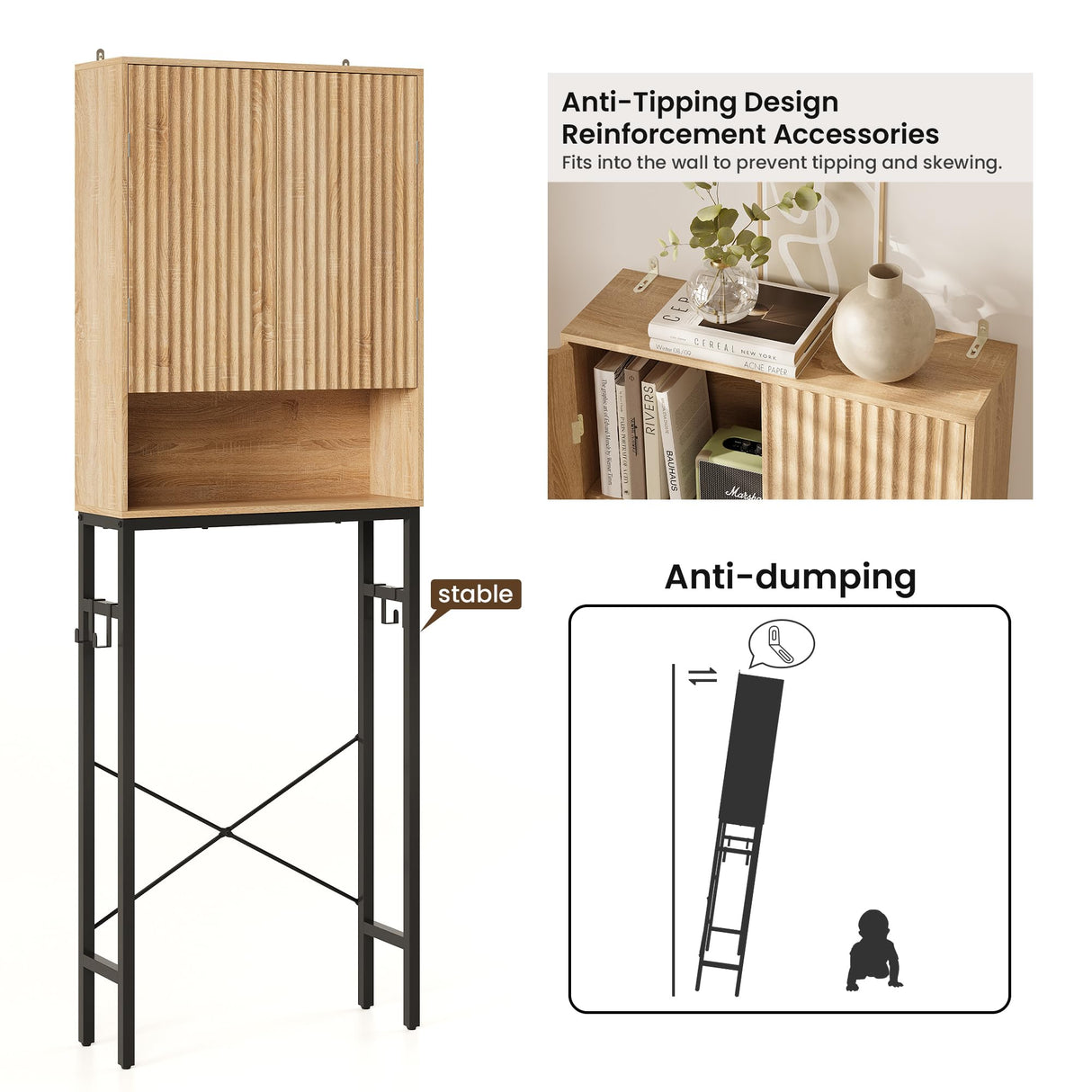 Toilet Storage Cabinet, Over The Rack Wood Cabinet with Metal Stand, Bathroom Organizer with Adjustable Shelf, Tall Freestanding Washer Shelf, Small Cupboard, Space Saver, Natural Style TROJM