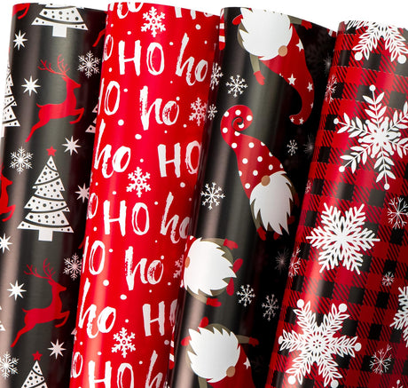 WRAPAHOLIC Christmas Wrapping Paper Sheet - 12 Sheets Red and Black Chrismas Gnome Design Folded Flat with 12 Gift Tags for Holiday, Party Celebration - 19.7 Inch X 27.5 Inch Per Sheet WRAPAHOLIC