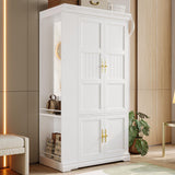 LIKIMIO Armoire Wardrobe Closet with Mirror, 70” Wooden Wardrobe Cabinet with 4 Doors, 2 Open Storage Shelves, Freestanding Bedroom Armoire with 3 Hooks & Hanging Rod for Home Room, White LIKIMIO