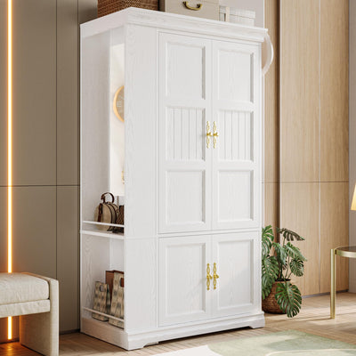 LIKIMIO Armoire Wardrobe Closet with Mirror, 70” Wooden Wardrobe Cabinet with 4 Doors, 2 Open Storage Shelves, Freestanding Bedroom Armoire with 3 Hooks & Hanging Rod for Home Room, White