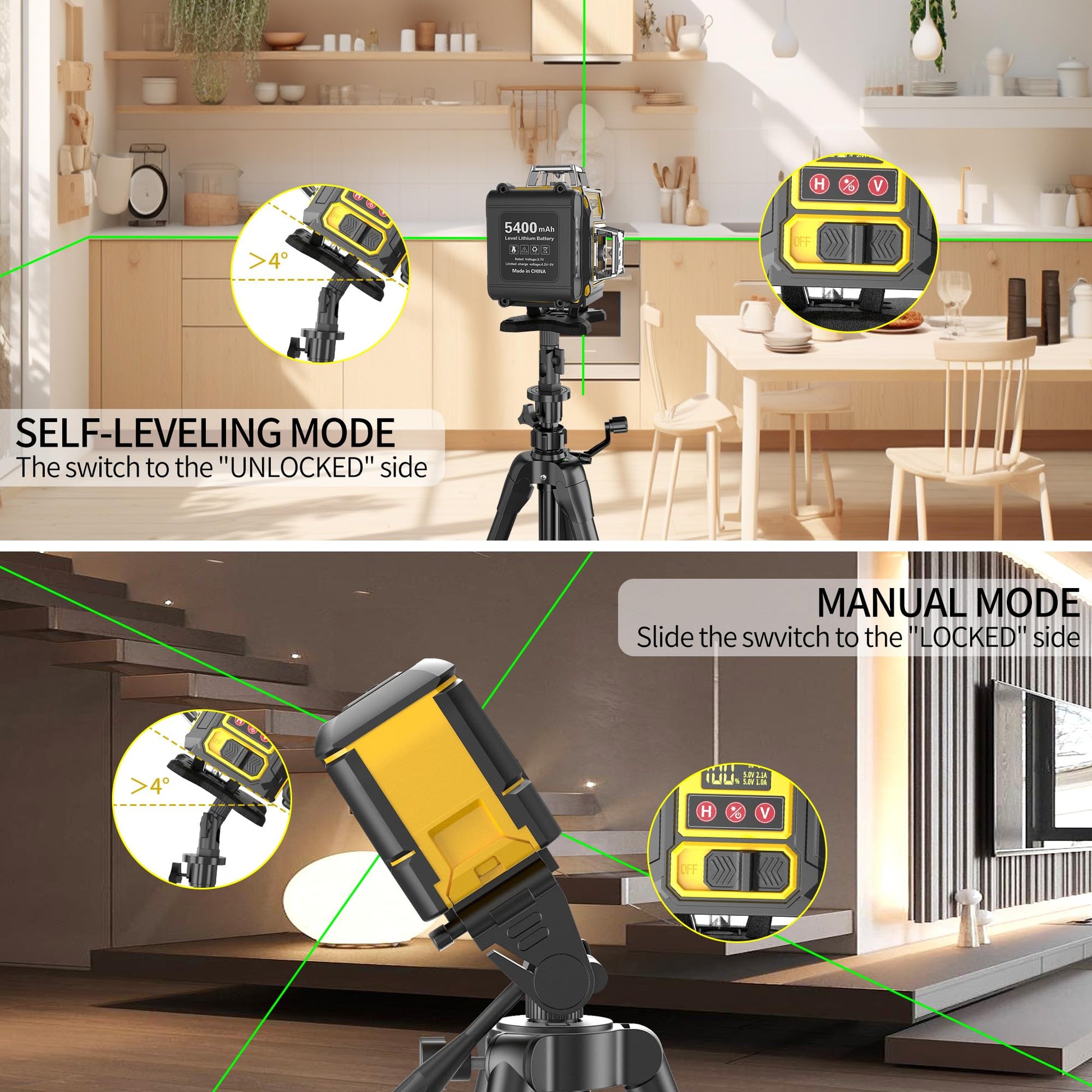 Laser Level 360 Self Leveling with Tripod, 200ft/60m working distance with vertical and horizontal lines, self-leveling mode&IP54 waterproof set - WoodArtSupply