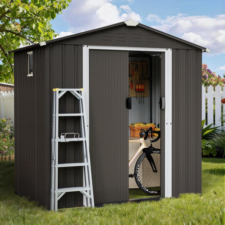 Shintenchi 6x4 FT Outdoor Storage Shed with Window, Lockable Outdoor Waterproof Tool Storage Sheds,Weather Resistant Tool Storage House Shed for Garden,Backyard,Patio Utility Tool Storage,Dark Gray Shintenchi