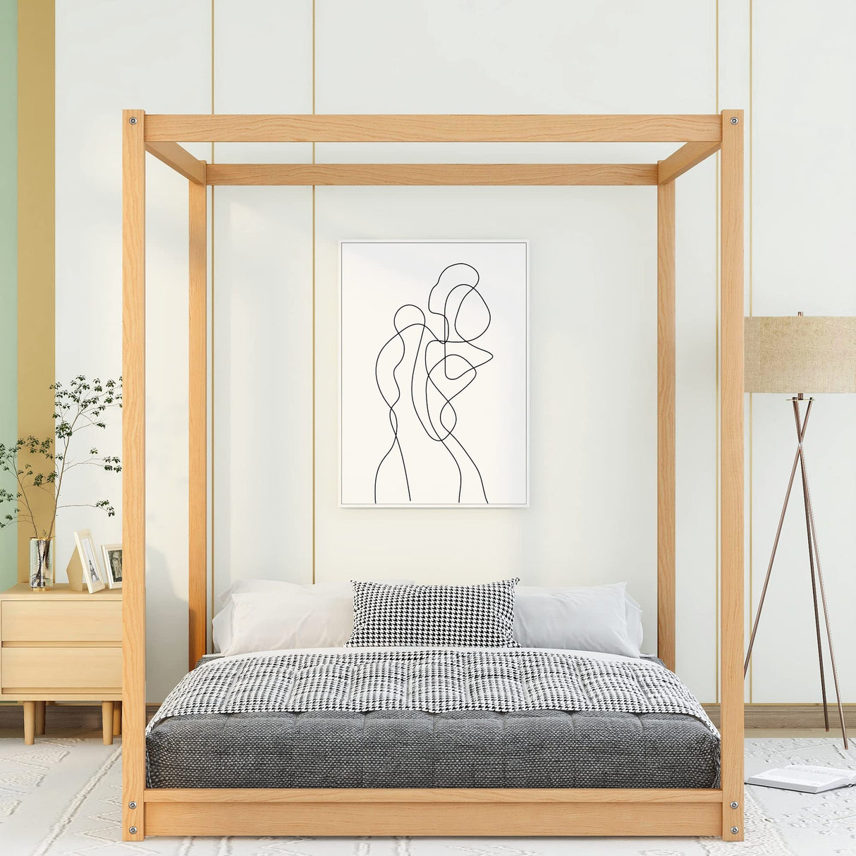 Merax Modern Queen Size Wood Canopy Bed Floor Platform Bed Frame/No Box Spring Needed/Easy Assembly, Nutural Merax