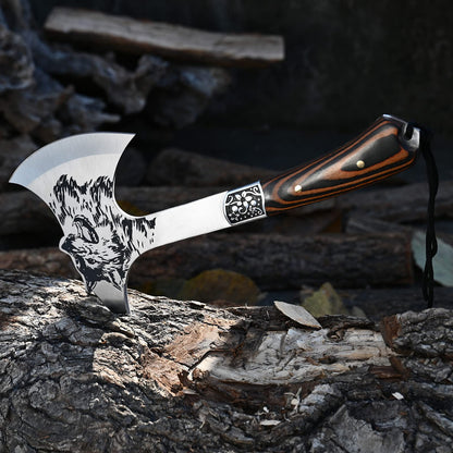 Promithi Camping Hatchet with Nylon Sheath, Axe Etched Wolf Head Stainless Steel with Wooden Grip, Outdoor Hunting Survival Hiking Tomahawk Axe, for Farming Activities