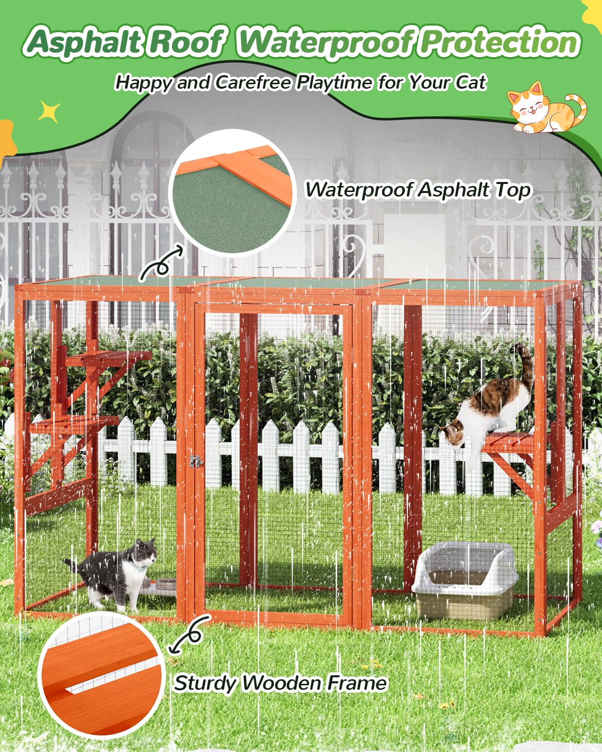 Catio Outdoor Cat Enclosure,71" L Outside Cat House Weatherproof, Wooden Catios for Cats Patio, Cat Houses with 3 Platforms (Orange-Red, Large)