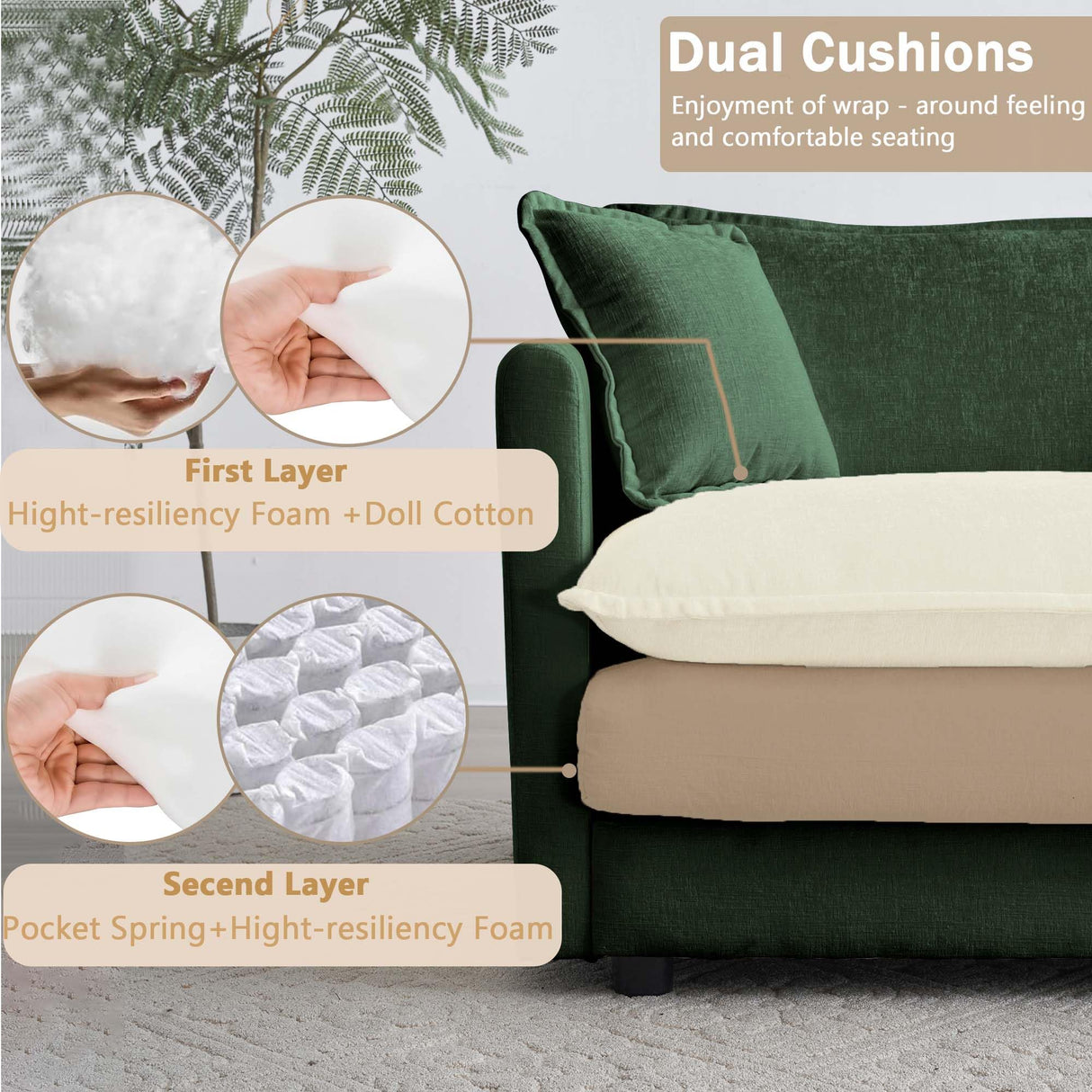 Ravy Concept 111.57" Modular Sectional Couch with L Shaped Chaise, Modern Couch for Living Room, Sofa in A Box, Oversized Sofa Sleeper with Deep Seat, Green Ravy Concept