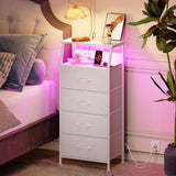 Somdot White Nightstand with Charging Station and LED Light for Bedroom, Tall 4 Drawers Dresser with Fabric Bins for Bedside Kids Dorm Room Closet Laundry Entryway, White Leather Somdot