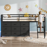 BTHFST Twin Loft Bed for Kids, Low Loft Bed Twin Size with 9 Storage Dresser, LED Lights, 2 Storage Shelves & Stairs, Metal Black Bed with Safety Guardrail for Young Teens, Space Saving, Black BTHFST