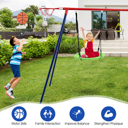 OLAKIDS Swing Sets for Backyard, 7 in 1 Outdoor 660LBS A-Frame Heavy Duty Metal Swing Stand with Monkey Bar for Kids, Playground Playset with Slide, 2 Swings, Glider, Trapeze Rings, Basketball Hoop