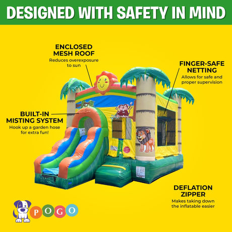 Inflatable Bounce House with Slide for Kids (Without Blower) - 18 x 12 x 14.5 Foot Tropical Smiley Face Backyard Inflatable Bouncy House - Built-in Bladder Water Misting System Pogo Bounce House
