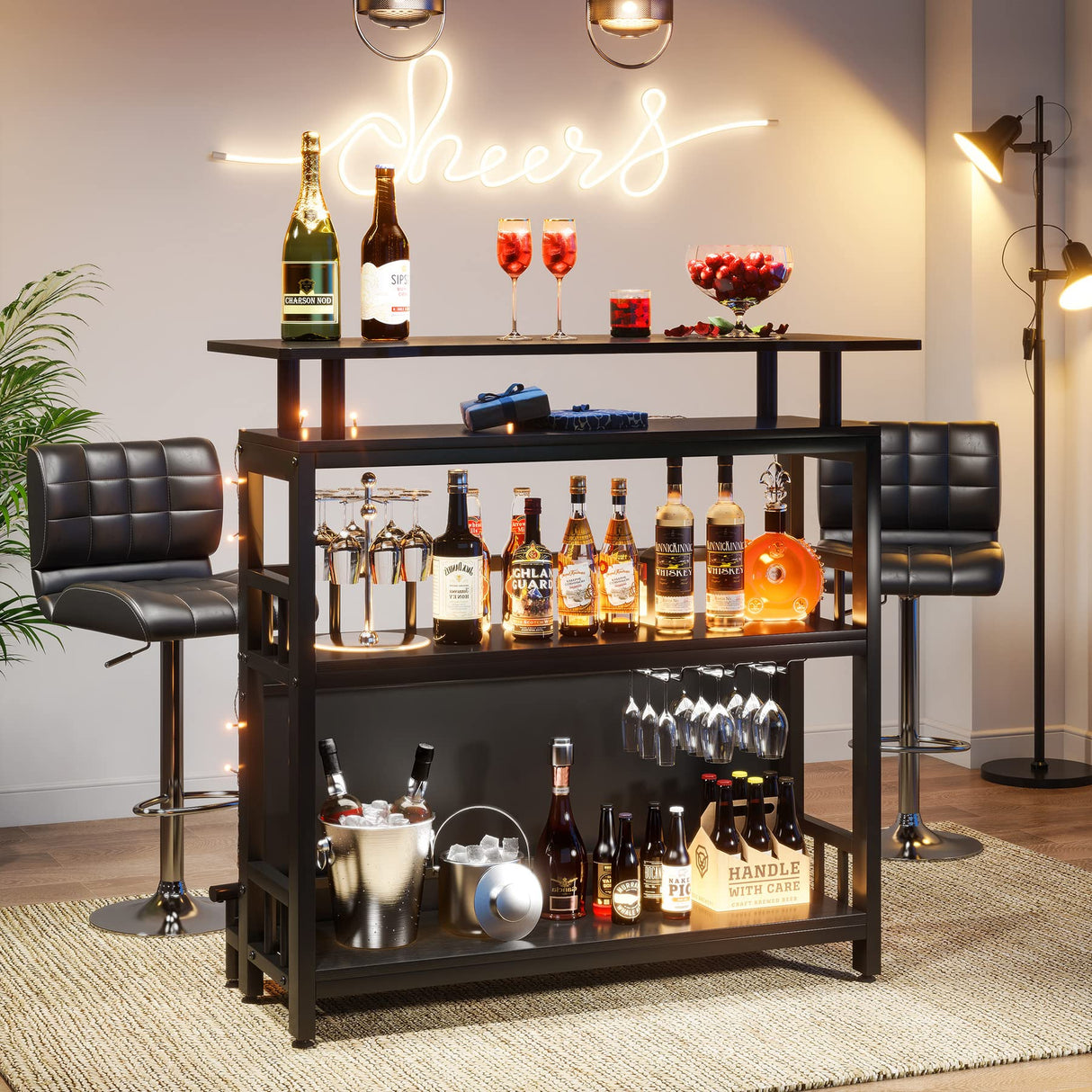 Tribesigns Home Bar Unit for Liquor, 44-Inch Bar Height Table with Storage, Black Entertainment Pub Table, Mini Bar Carts Upholstered&Metal Front Footrest for Kitchen, Balcony, Basement Tribesigns