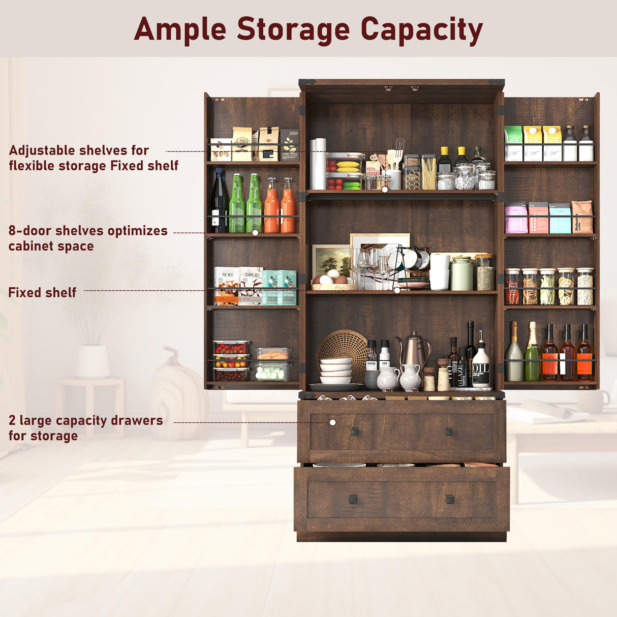 Hlivelood Farmhouse Kitchen Pantry Cabinet, 71" Tall Storage Cabinet with 2 Barn Doors & 2 Drawers, Large Farmhouse Kitchen Cupboard with Adjustable Shelves, Dining Room, Living Room, Rustic Brown Hlivelood