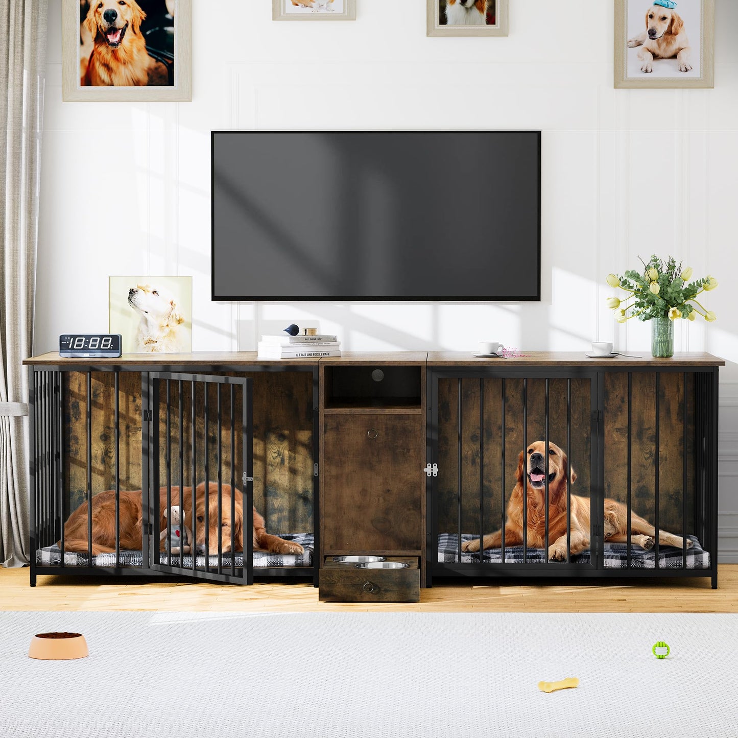 YITAHOME 94.5" Large Dog Crate Furniture with Feeder Bowls, Dog Crate Furniture Large Breed TV Stand with Room Divider and Drawer, Wooden Dog Kennel Furniture for 2 Large/Medium Dogs, Brown - WoodArtSupply