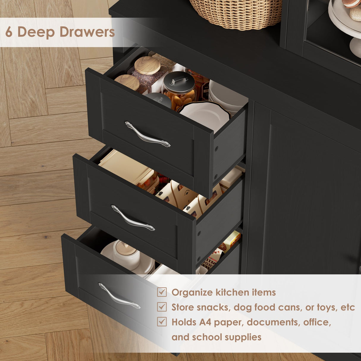 HIFIT 74.4'' Tall Kitchen Pantry Storage Cabinet, 63'' Wide Large Kitchen Hutch, Farmhouse Pantry Cabinet, Bookcases and Bookshelves with 6 Drawers & 4 Doors, Black Glass China Hutch for Living Room HIFIT