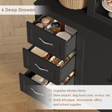 HIFIT 74.4'' Tall Kitchen Pantry Storage Cabinet, 63'' Wide Large Kitchen Hutch, Farmhouse Pantry Cabinet, Bookcases and Bookshelves with 6 Drawers & 4 Doors, Black Glass China Hutch for Living Room HIFIT