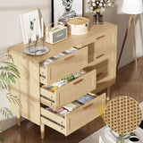 Greenvelly 6 Drawer Double Dresser for Bedroom, Modern Rattan 6 Drawer Dresser with Golden Handles, Wooden Storage Chest of Drawers for Bedroom, Living Room, Hallway Greenvelly