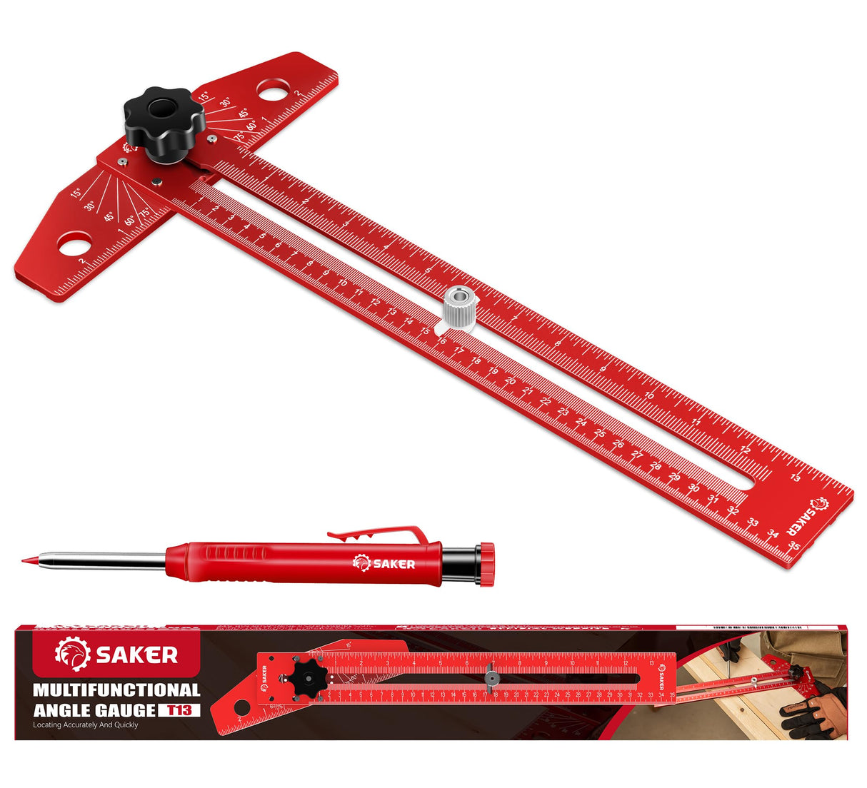 Saker Woodworking Scriber Marking Line Ruler, Adjustable Aluminum Alloy Sliding T-Square Ruler,Precision Line Drawing aid Ruler with Angle Adjustment Scale Saker