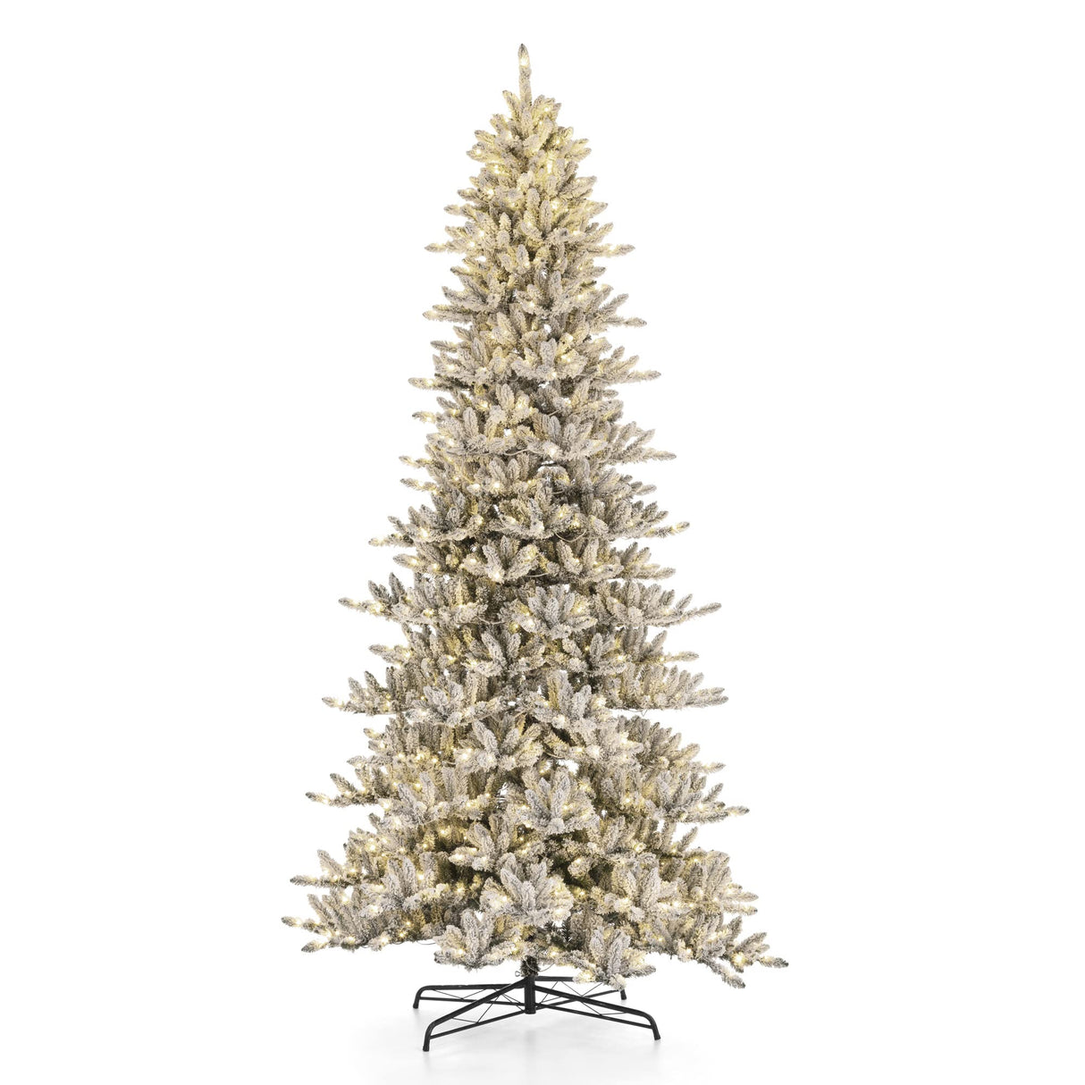 Glitzhome 11ft Pre-Lit Flocked Slim Fir Artificial Christmas Tree, Hinged Holiday Xmas Tree with 950 Warm White Lights,Metal Hinges & Base for Home, Office, Party Decoration Glitzhome