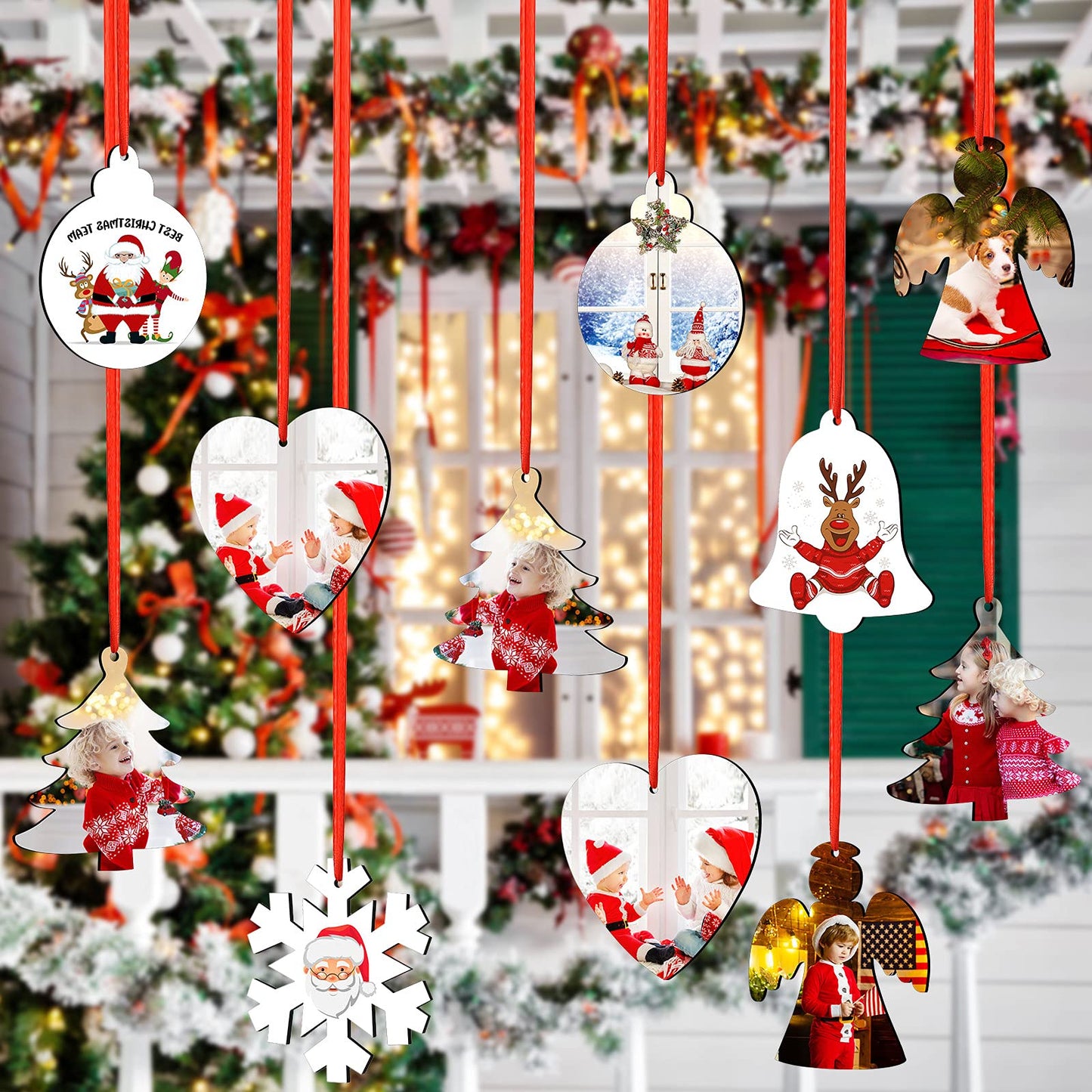 30 Pieces Sublimation Ornament Blank Sublimation Double Sided Blanks Christmas Ornament Blank Personalized Sublimation Blank Pendants DIY Sublimation Pendant Blank with Red Ribbon (Multi Styles)