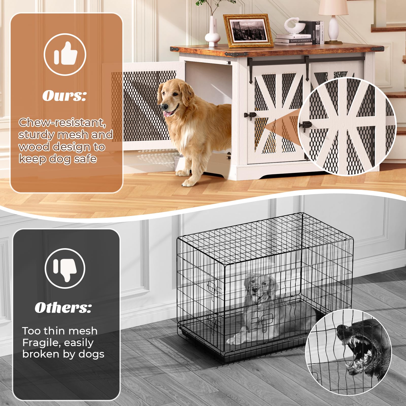 VOPEAK Farmhouse Dog Crate Furniture Heavy Duty Large Dog Crate for Medium Large Dogs XL Dog Crate Dog Kennel Indoor with Double Doors Chew Resistant End Table for Bedroom Living Room White