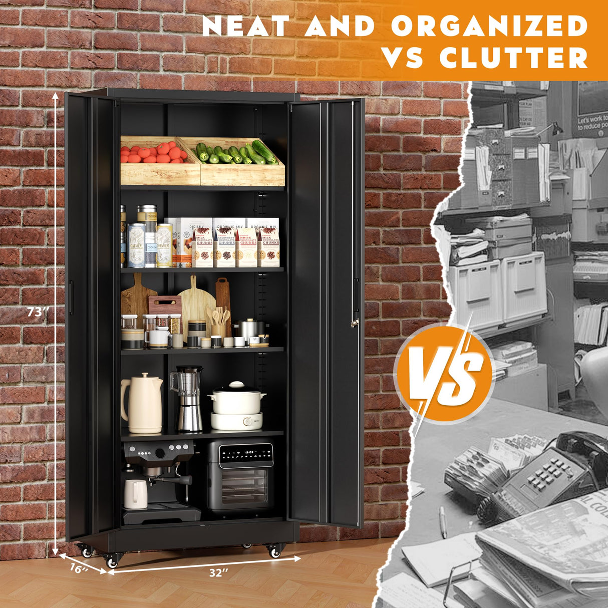 Greenvelly 73" Metal Garage Storage Cabinet with Wheels, Black Lockable Metal Cabinet with 2 Doors and 4 Adjustable Shelves, Rolling Steel Tool Organization for Garage, Home, Office, School Greenvelly