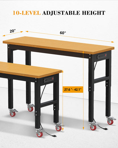 GarveeTech 60 Inch Work Bench with Wheels, 2200 LBS Capacity Solid Wood Top Worktable with Stable Steel Frame, 10 Level Adjust Height Work Station with Power Outlets, for Garage, Shop, Home,  - WoodArtSupply