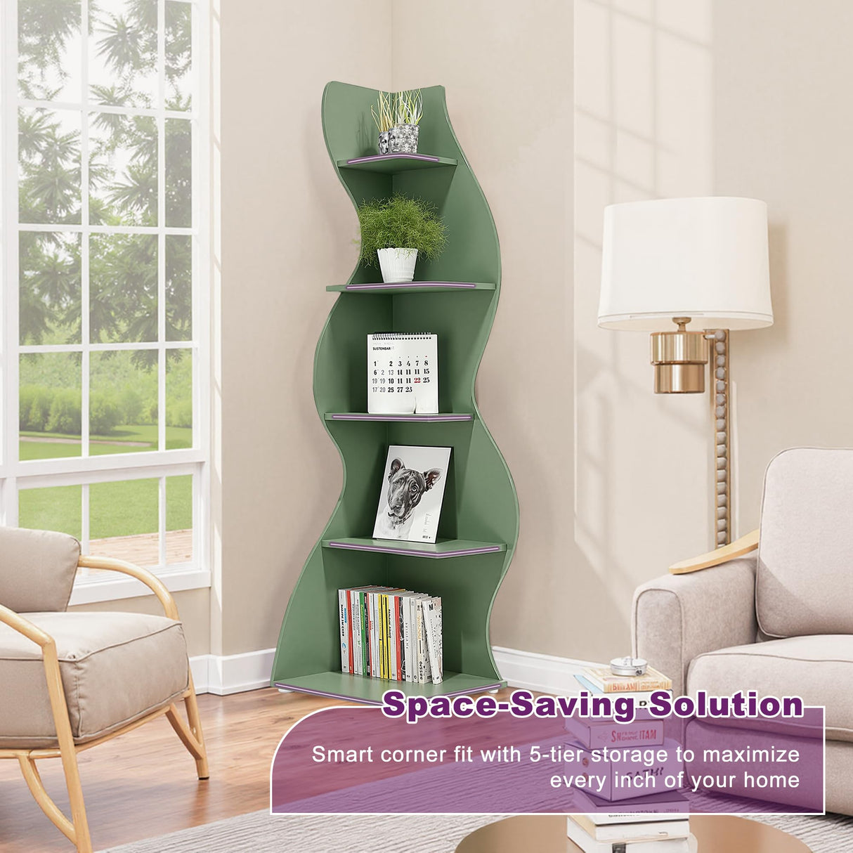HIGREENA Corner Shelf, 5-Tier Corner Wall Shelf, Modern Corner Shelves Stand Bookcase, Small Display Storage for Living Room, Green HIGREENA