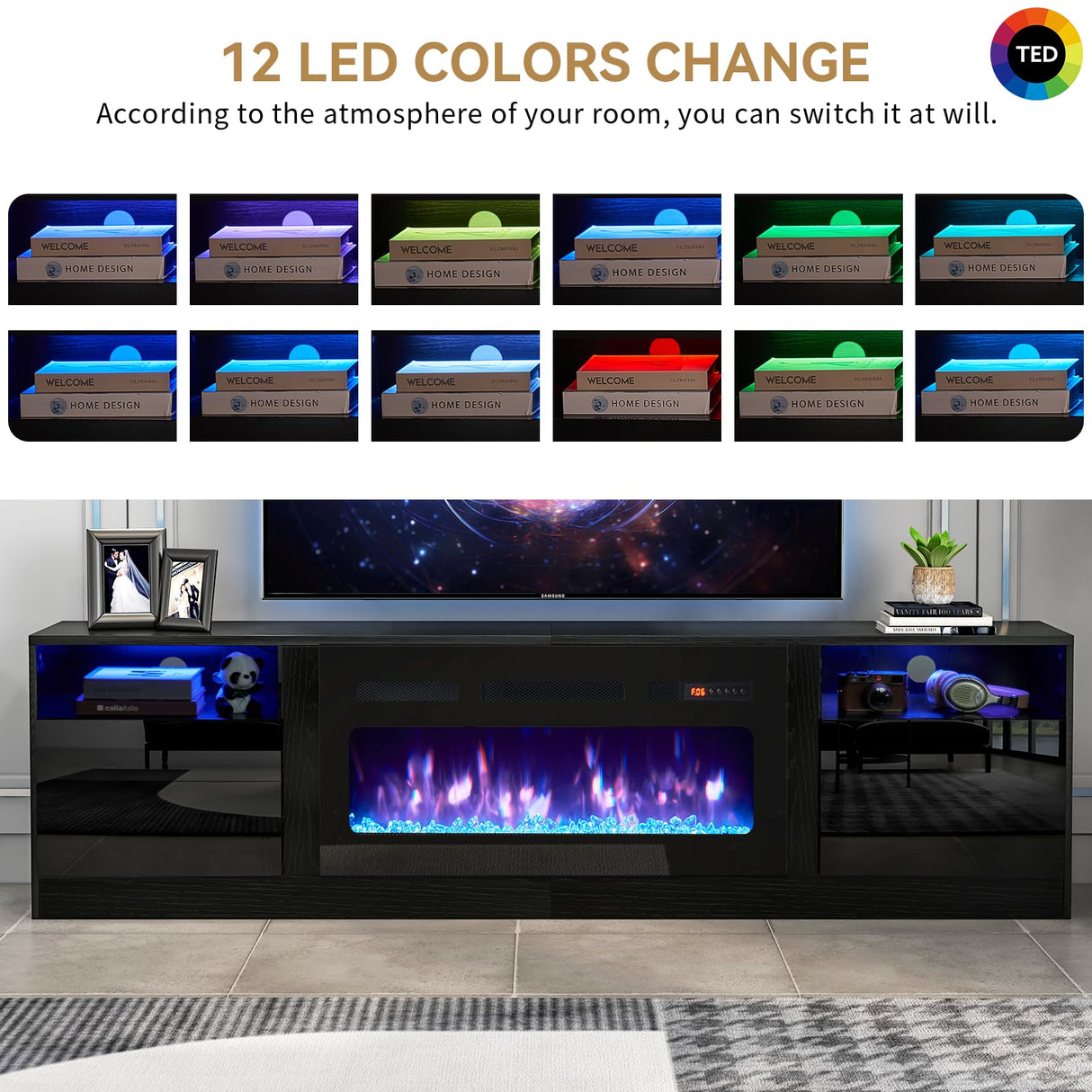 oneinmil Fireplace TV Stand with 36" Electric Fireplace, LED Light Entertainment Center with Modern Wood Texture, Highlight Storage Cabinet for TVs Up to 90", 79 inches, Black oneinmil