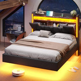busyaeh Dark Gray Floating Bed Frame Queen with Hidden Storage, Charging Station & LED Lights busyaeh