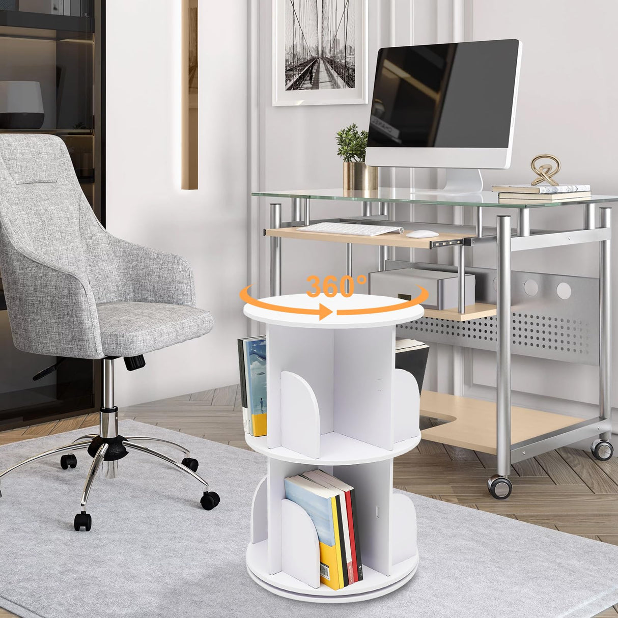 DDBESSIC 2-Tier 360° Rotating Bookshelf Tower for Small Spaces - White Display Shelf DDBESSIC