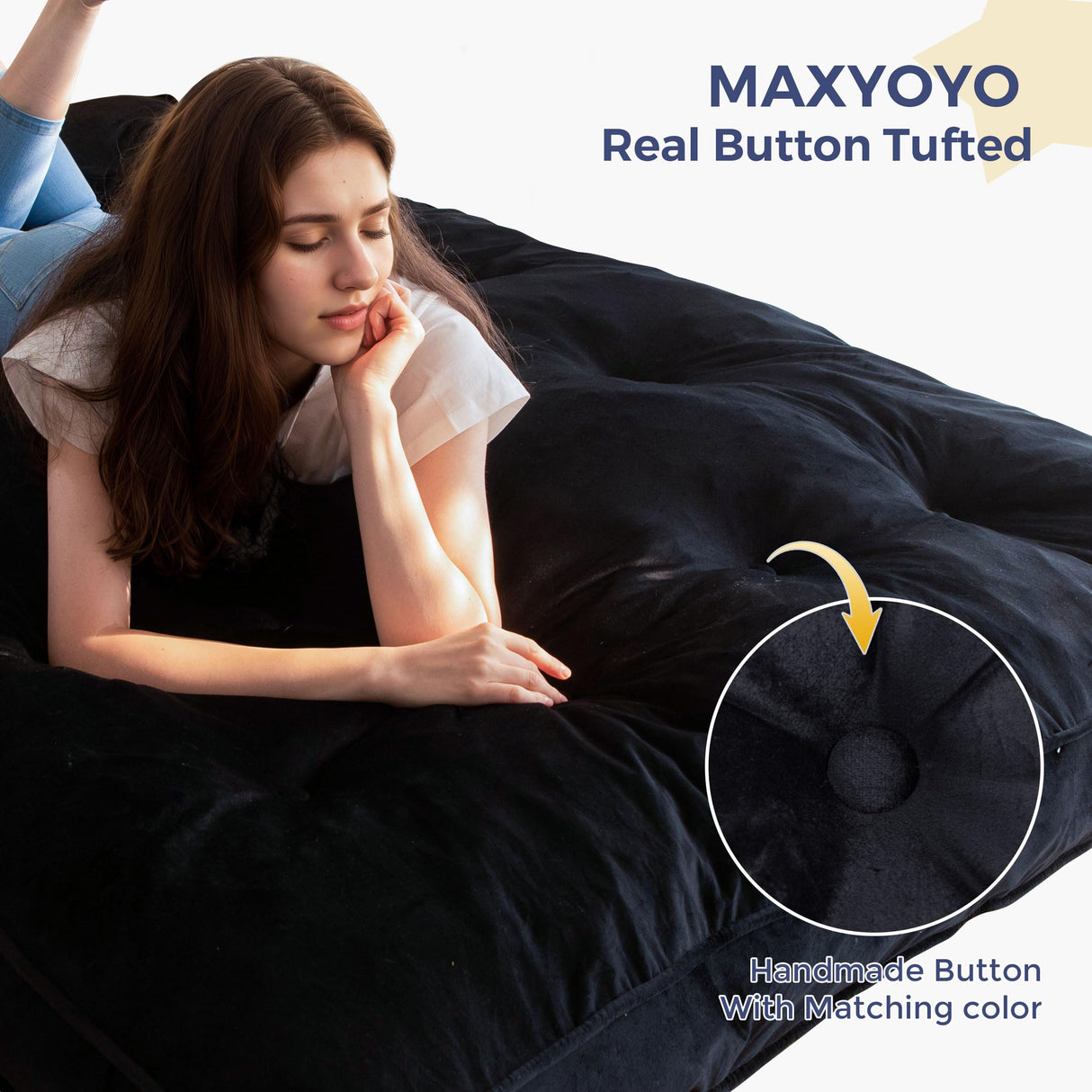 MAXYOYO 6" Futon Mattress Full Size, Velvet Thick Futons Sofa Couch Bed, Versatile Floor Mattress for Adults, Shredded Foam Filling (Frame Not Included), Black MAXYOYO