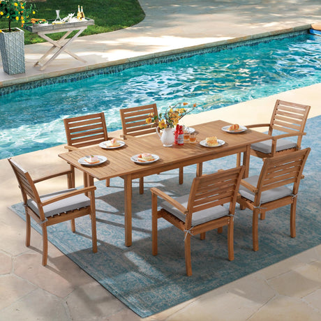 OC Orange-Casual 7 Piece Patio Dining Set, Outdoor Acacia Wood Furniture Set, Extendable Rectangular Table and 6 Stackable Chairs w/Removeable Fabric Cushion, FSC Certified, Light Grey Cushion OC Orange-Casual