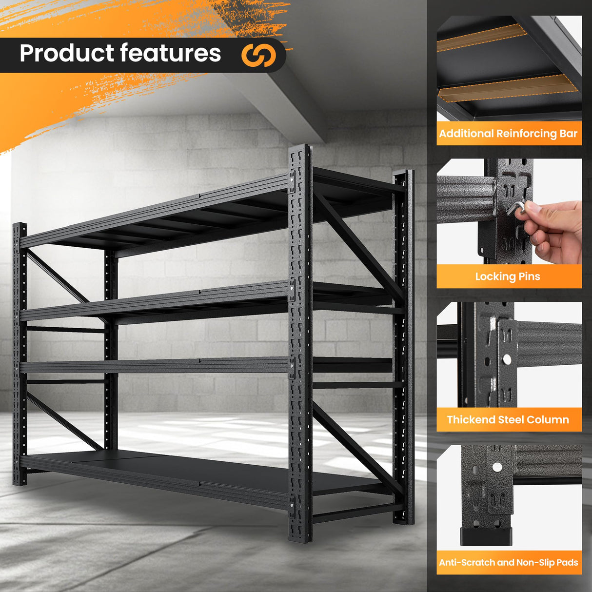 71” W Storage Shelves Heavy Duty, 5000LBS Metal Garage Shelving Units, 4 Tier Storage rack shelf, Steel Industrial Shelving , Adjustable Standing Shelf for Basement/Warehouse 71"W x 24"D x 70"H, Black AFAIF