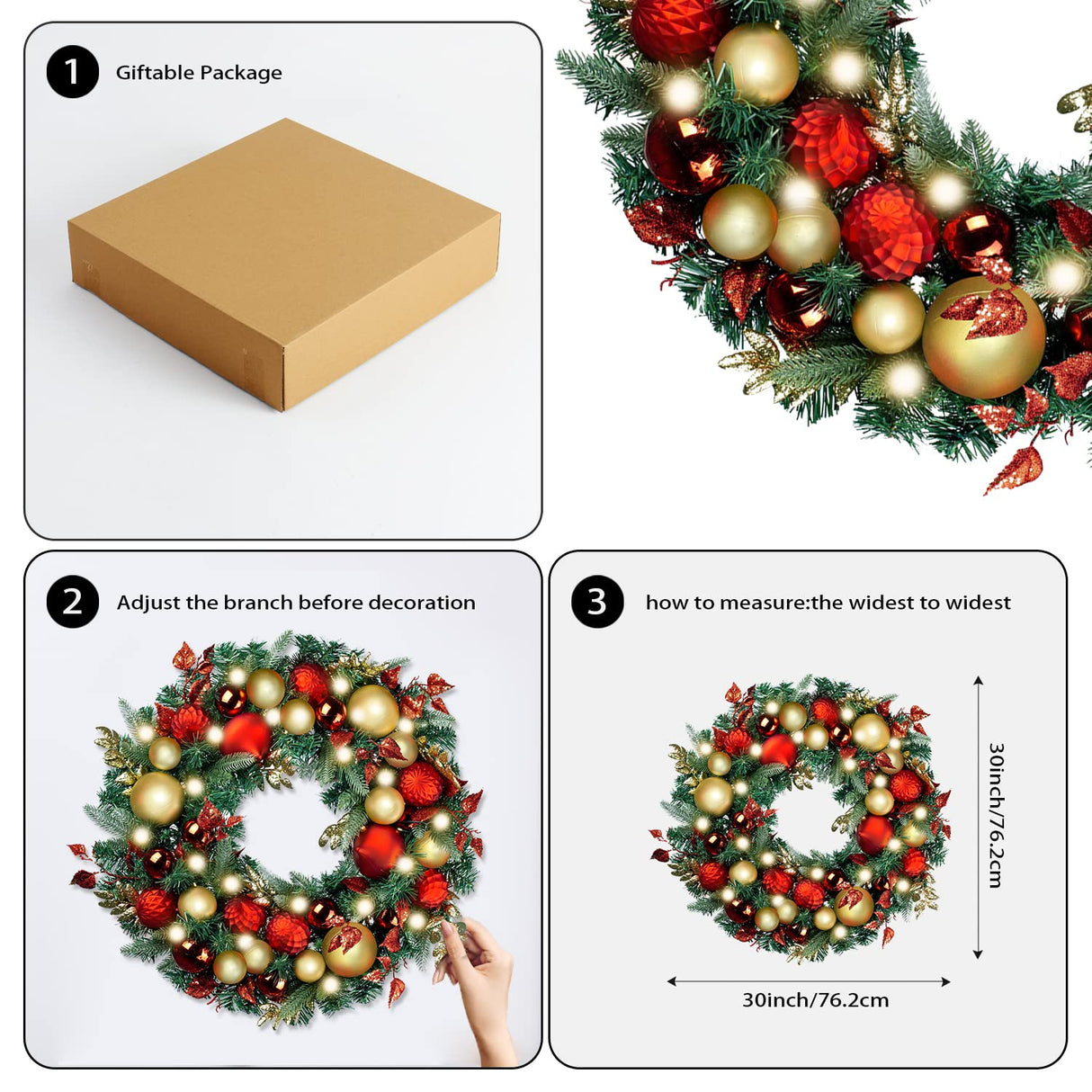 WANNA-CUL Pre-Lit 30 Inch Large Christmas Wreath for Front Door with 50 Led Lights,Luxury Red Gold Lighted Christmas Door Wreath Decor with Ball Ornaments, Battery Operated WANNA-CUL