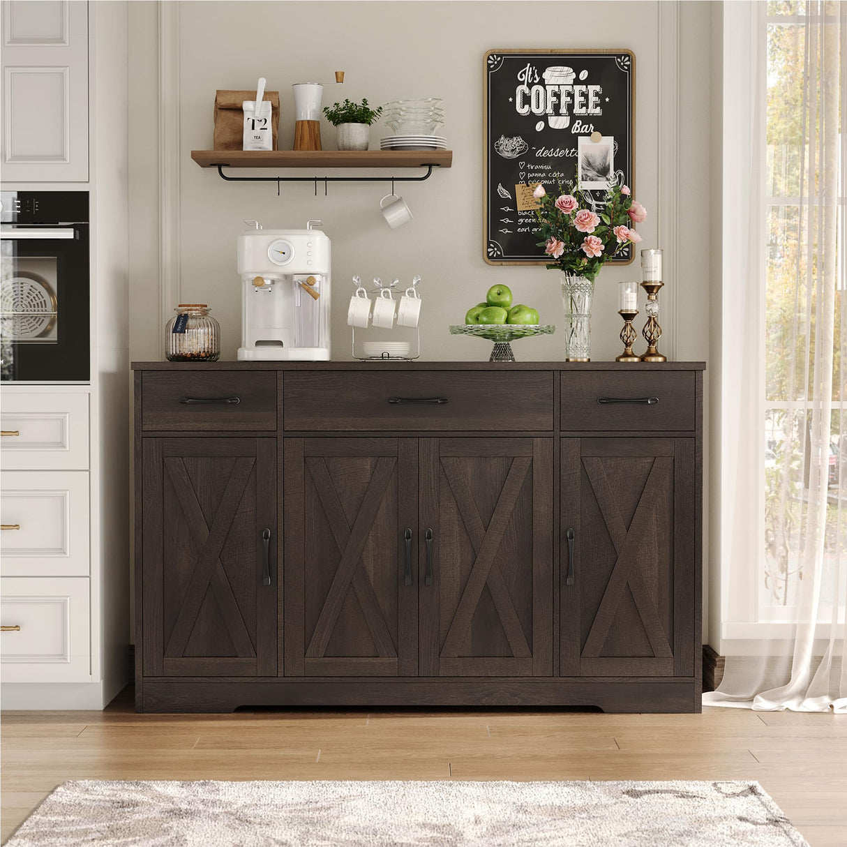 HOSTACK Buffet Cabinet with Drawers, 55" Large Sideboard Buffet Storage Cabinet with Shelves & 4 Doors, Modern Farmhouse Coffee Bar Cabinet Wood Buffet Table for Kitchen, Dining Room, Dark Brown HOSTACK