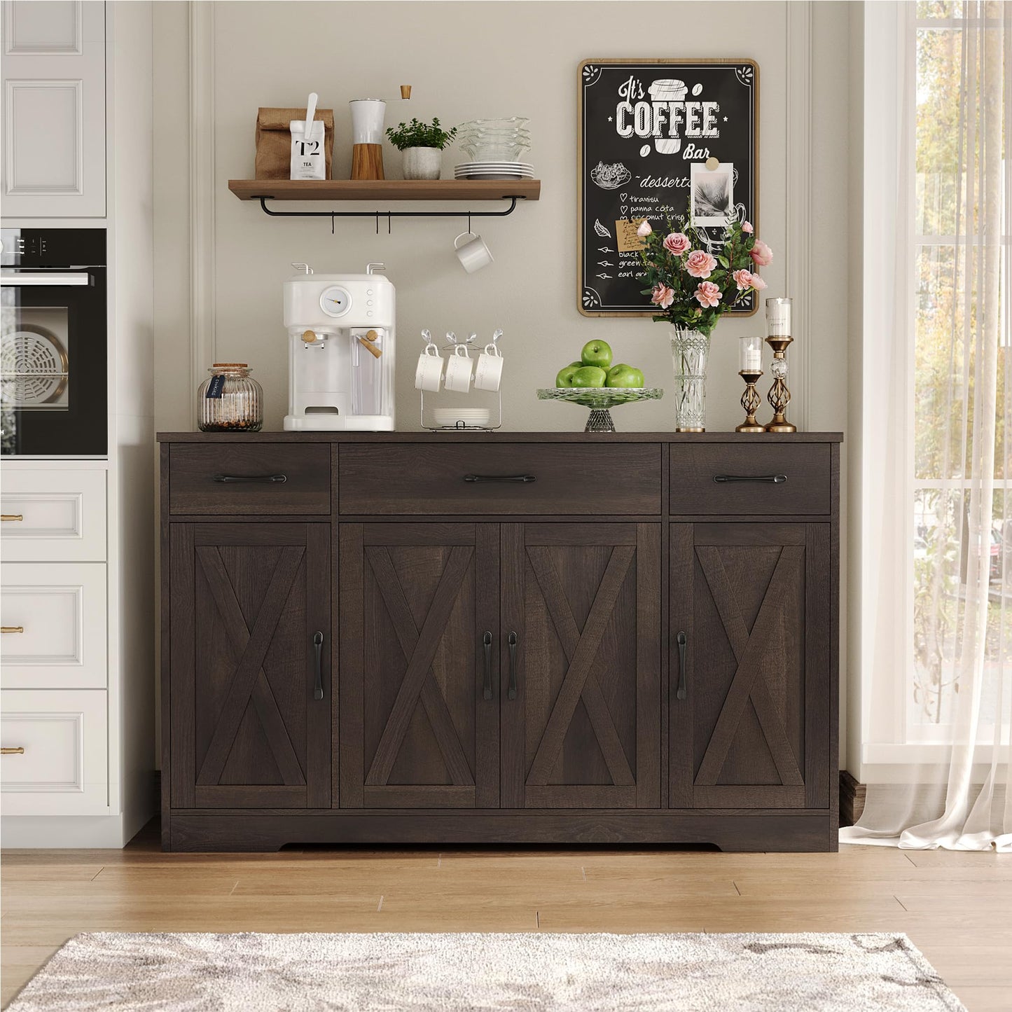 HOSTACK Buffet Cabinet with Drawers, 55" Large Sideboard Buffet Storage Cabinet with Shelves & 4 Doors, Modern Farmhouse Coffee Bar Cabinet Wood Buffet Table for Kitchen, Dining Room, Dark Br - WoodArtSupply