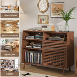 Jluomei Large Record Player Stand, Mid-Century Turntable Stand with Doors and Charging Station Record Player Table Holds Up to 450 Albums Vinyl Storage Display Shelf for Living Room, Walnut Jluomei