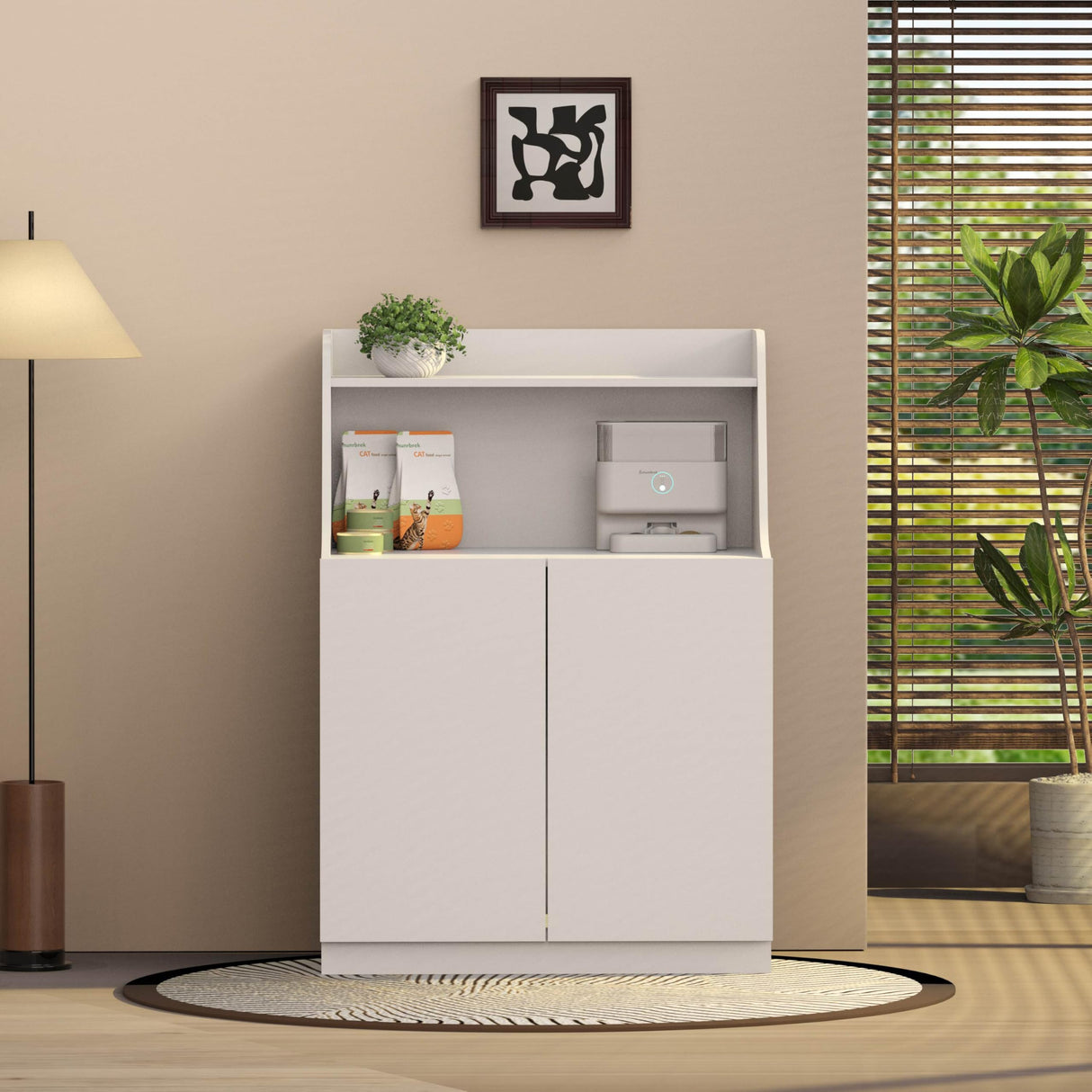 Amunrbrek Large/Tall Litter Box Enclosure, Modern Wooden Litter Box Furniture for XL Litterbox with Open Shelf as Sideboard Cabinet (White) amunrbrek