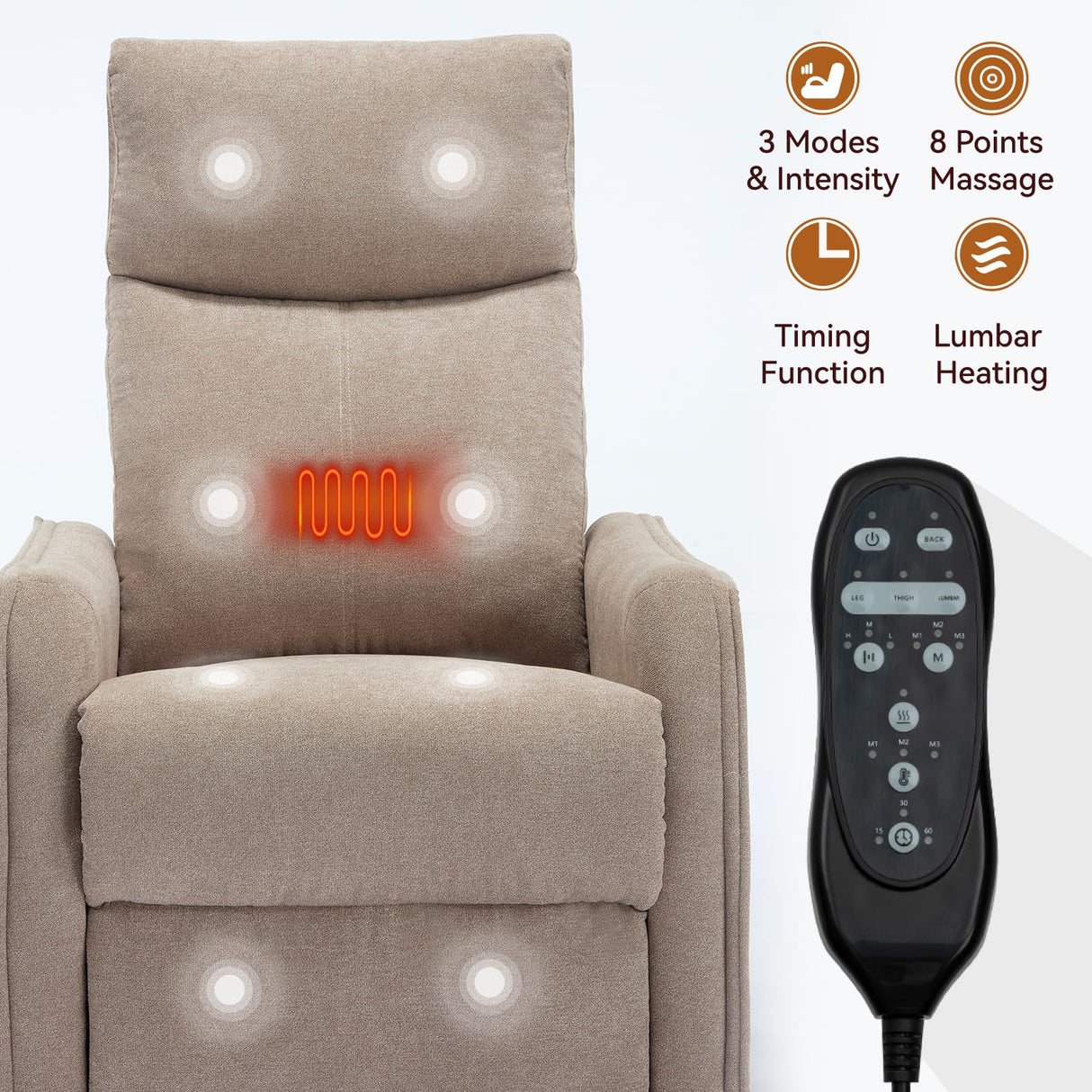 PELUMY Rocker Recliner Chair with Heat Massage - Manual Swivel Recliner for Living Room and Bedroom, 8 Vibration Points, Lumbar Heat, Glider Rocking Chair for Adults (Khaki) PELUMY