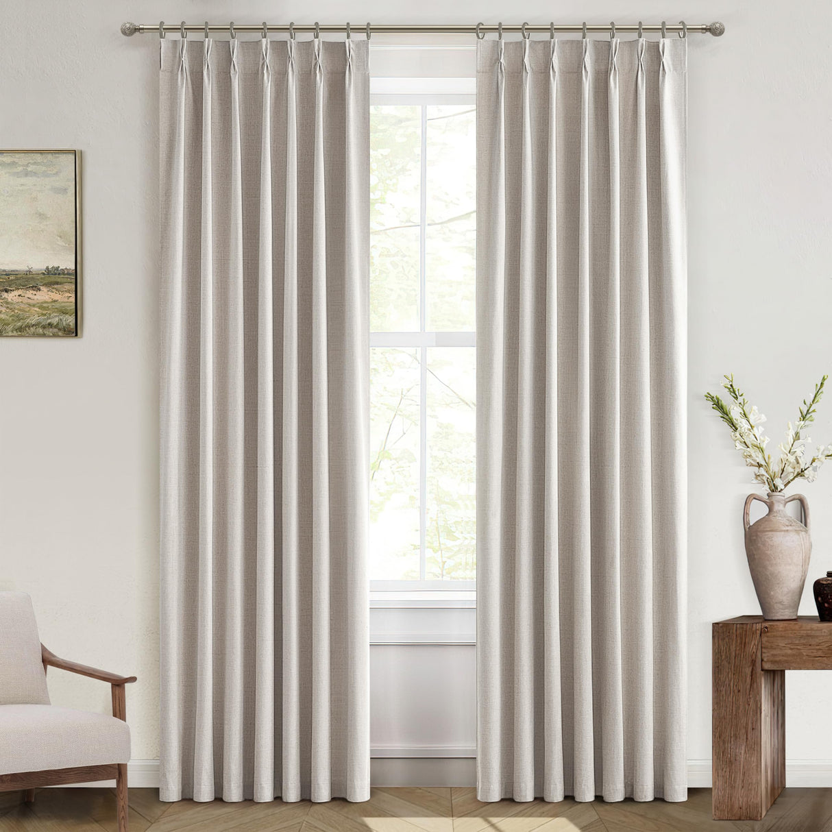 QJmydeco Primitive Curtain 108 Inch Long 2 Panels Burg,Pinch Pleated Cream Linen Blended 9 ft Floor Length to Ceiling Traverse Curtains for Living Room Extra Wide Blackout Drapes Sun Blocking Window QJmydeco