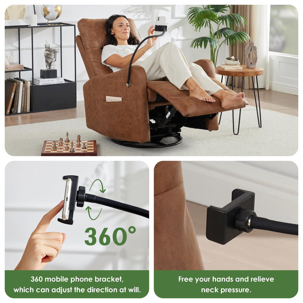 AYEASY Oversized Recliner Chair, Leather Swivel Rocking Chair Reclining with Phone Holder, Ergonomic Lazy Boy Fabric Sofa Chair with Lumbar Support, Manual Glider Chair for Living Room, RV, Brown AYEASY