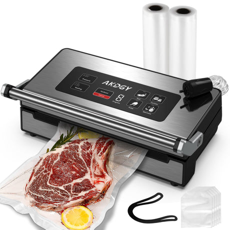 90Kpa Food Vacuum Sealer, Stainless Steel Vacuum Sealer Machine for Food with Double Heat Seal & Double Pump, Food Sealer Dry/Moist/Liquid Modes, Roll Storage and Cutter, Easy-Lock Handle and Clean AKDGY