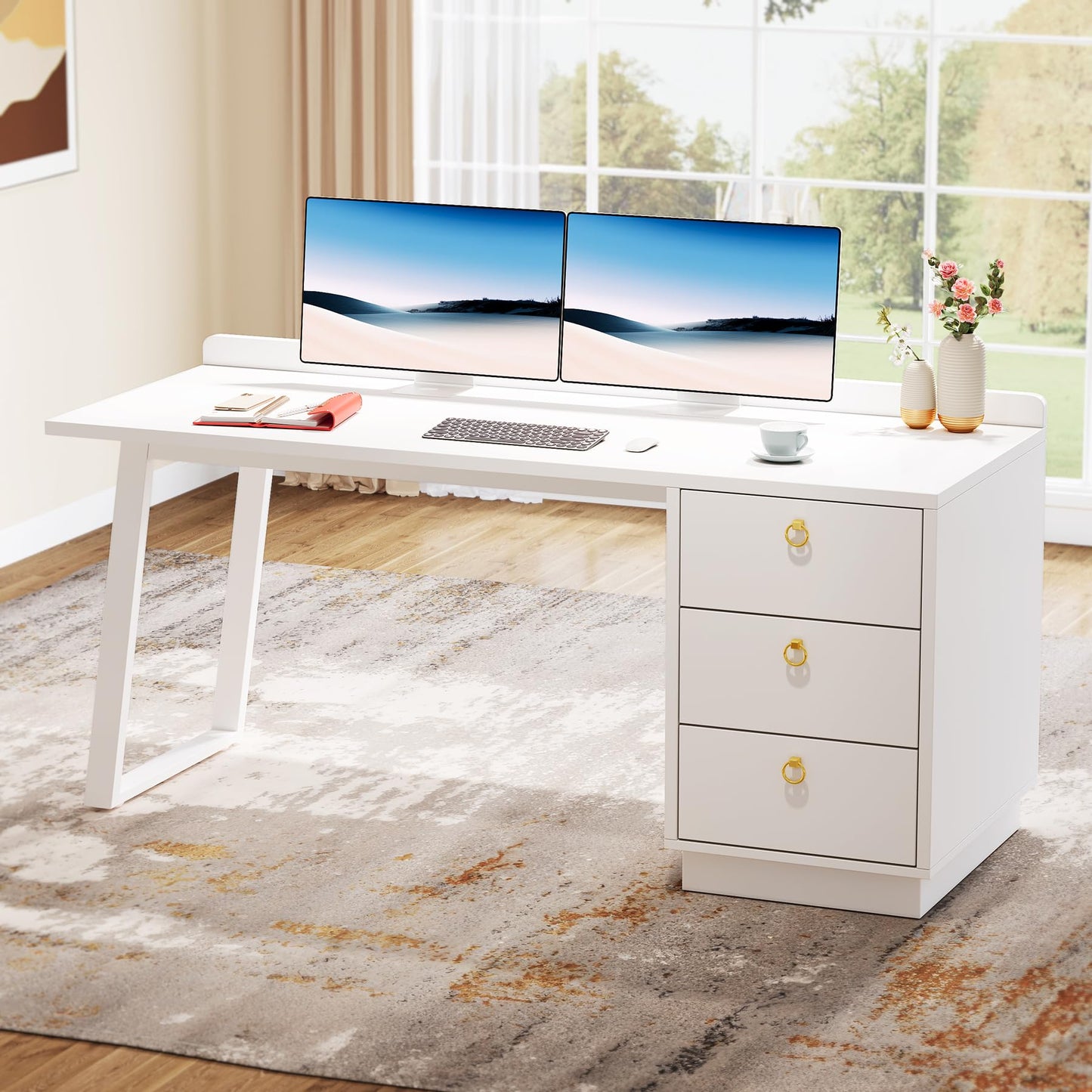 Tribesigns White Computer Desk with Drawers: 55 Inches Modern Home Office Desk with Storage, Small Wood Study Writing Work Table Workstation for Bedroom, White and Gold - WoodArtSupply