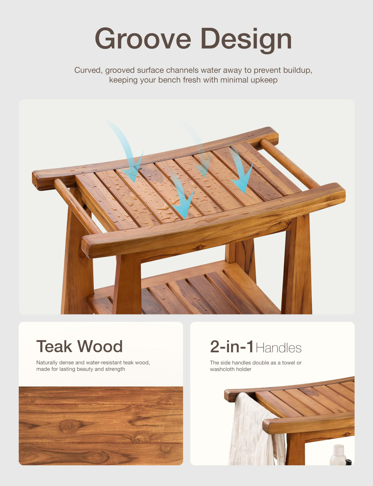 Tinamo 22”L Teak Shower Bench for Inside Shower - Teak Shower Stool & Wooden Bathroom Bench - Shower Chair for Inside Shower with Handles - Teak Shower Benches, Wood Bench for Bath with Storage Shelf Tinamo
